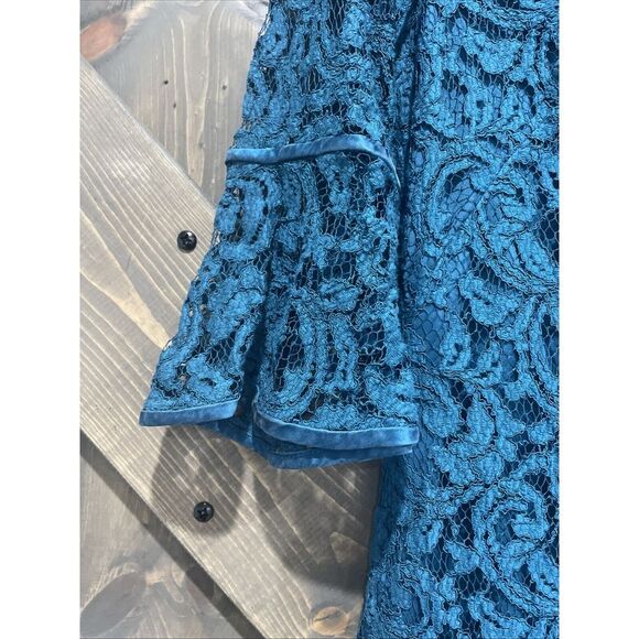 Adrianna Papell Sheath Dress Teal Blue Lace 3/4 Bell Sleeve Wedding Size 4 - Picture 4 of 10